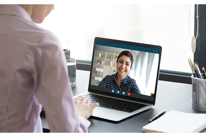 Colleagues work on common project use videoconferencing app concept. Effective communication