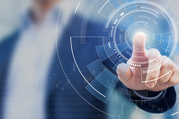 Technology abstract background with person hand touching complex circular diagram on virtual screen