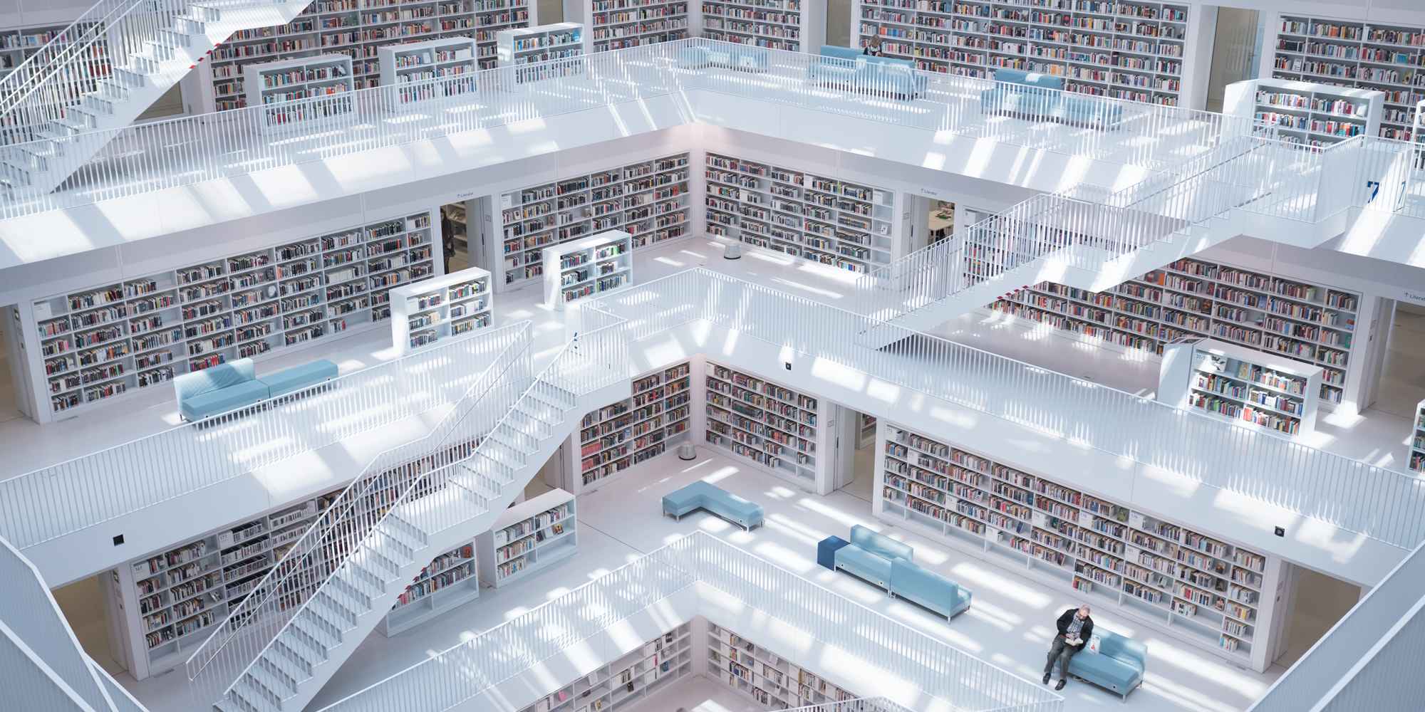 large library staircase, modern look from a higher point of view