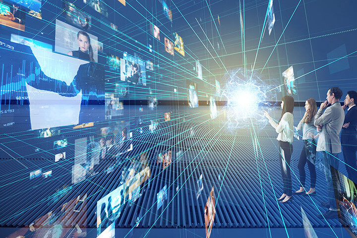 woman touching virtual interface to display different media