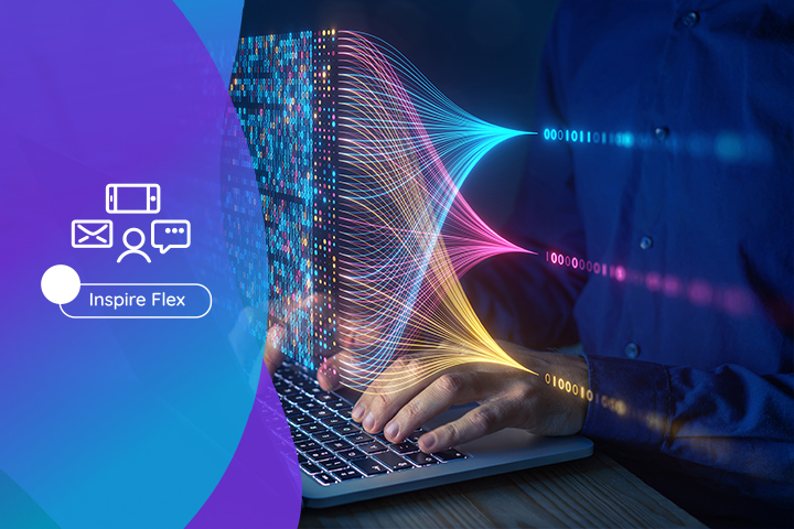 Person typing on laptop with different data streams flowing in 