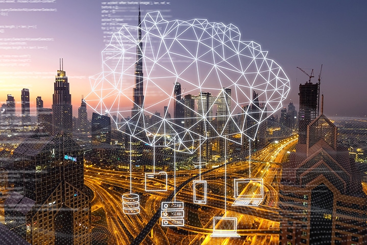 Connected cloud over cityscape with icons representing IT managed services