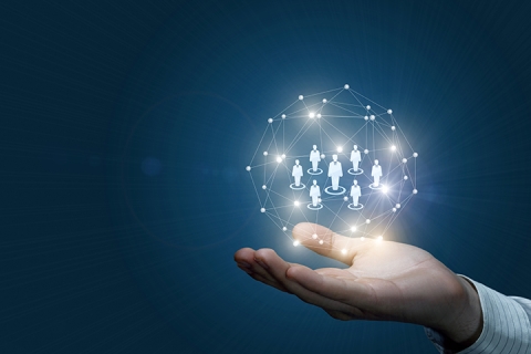 hand holding a digital sphere of wireless connections, digital transformation