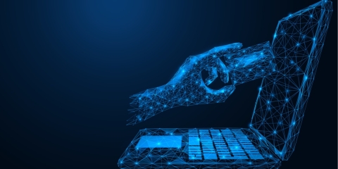 AI Robot hand touches a computer screen