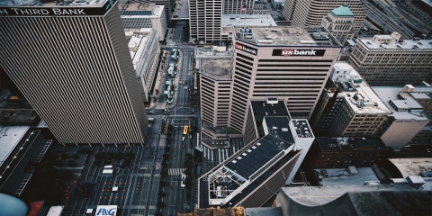 Birds-eye view of city skyline with U.S. Bank in the forefront