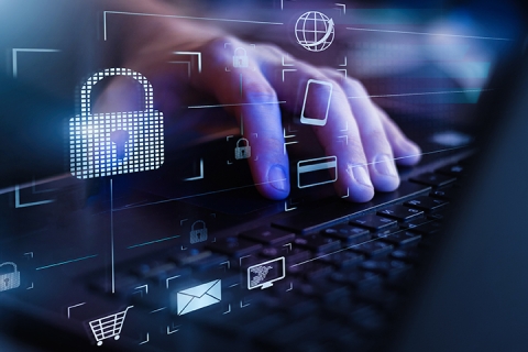 Closeup view of man`s hand using laptop with virtual digital screen with icon of lock on it