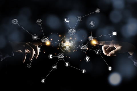 two hand pointing to virtual artificial intelligence with cloud technology transformation and internet of things