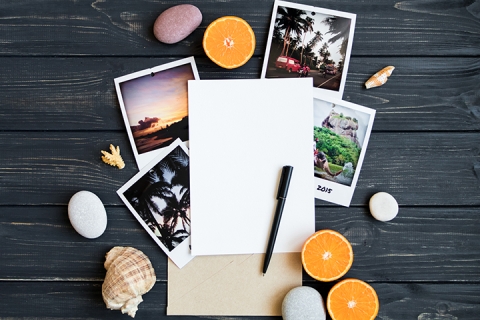  Blank page, travel photo, tropic vacation memories. Flat lay, top view