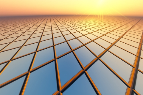 an abstract perspective business background with vanishing point lines to sunset over horizon