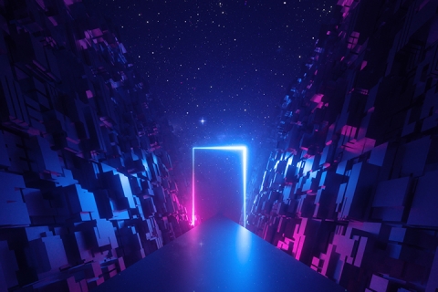 glowing rectangular frame at the end of a road in cyber space and neon background