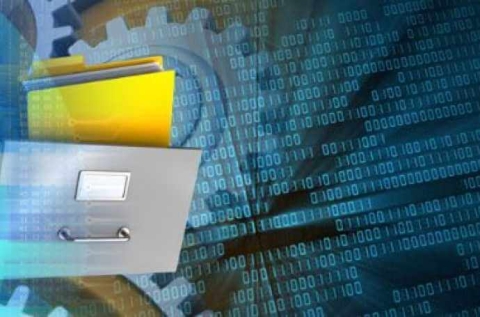 an abstract image of folders, cogwheels and binary code