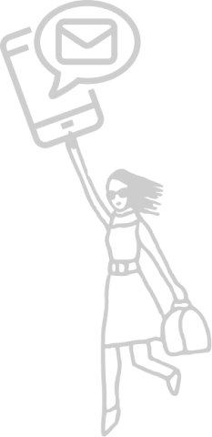 an icon of a woman in a dress holding a handbag and a phone with a message popping above the phone