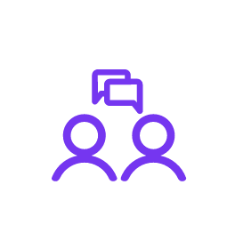 an icon of two people with speech bubbles above their heads in purple