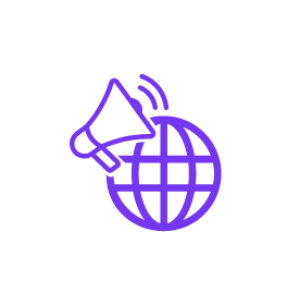 an icon of a globe and a loudspeaker in purple