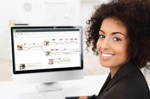 Woman smiling and the computer in background