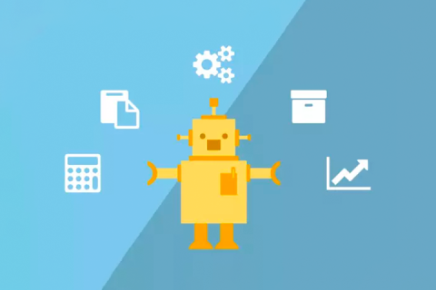 Robot graphic with blue gradient background