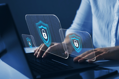 3D rendering security and locks projected from laptop screen