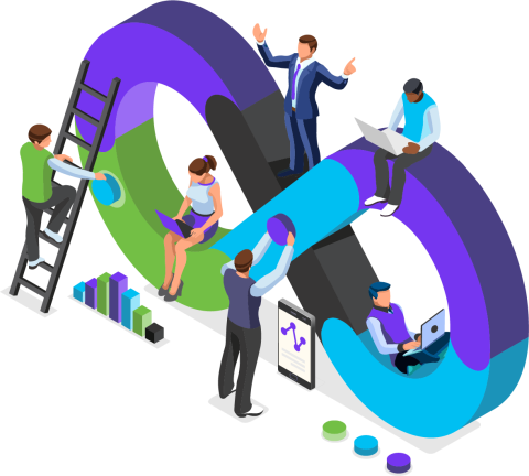 Stylized eternity sign with office employees working with data