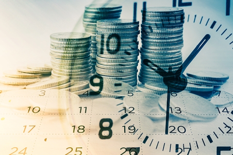 double exposure of rows of coins with clock and calendar for business and finance background