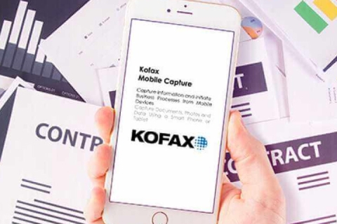 kofax mobile capture screen on mobile phone with contract documents on background