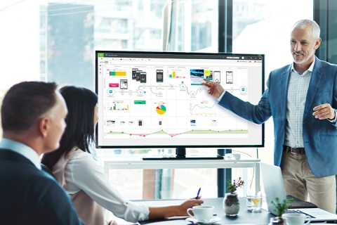 man presenting customer journey map to team