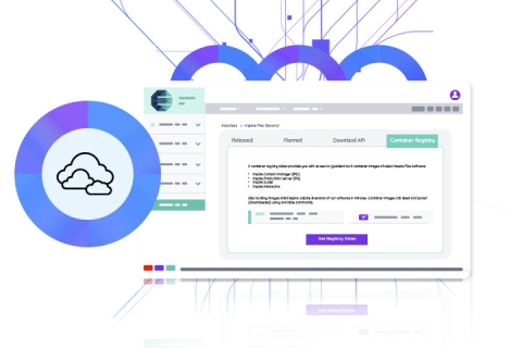 Screenshot of Inspire Container Registry against abstract branching lines