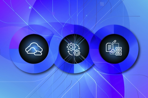 Three icons against purple background with spreading lines