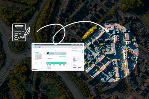 Inspire Designer user interface against background of UK housing