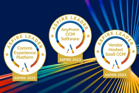 Three Aspire 2023 Leader badgesd against blue background with multi-colored light beams