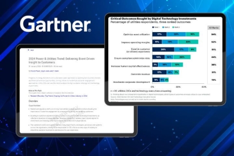 Two iPads displaying key data figures from Gartner's 2024 Power & Utilities Trend Report