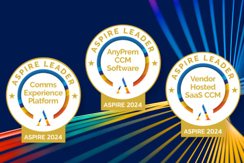 Three Aspire 2024 Leader Badges against blue background with multi-colored light beams
