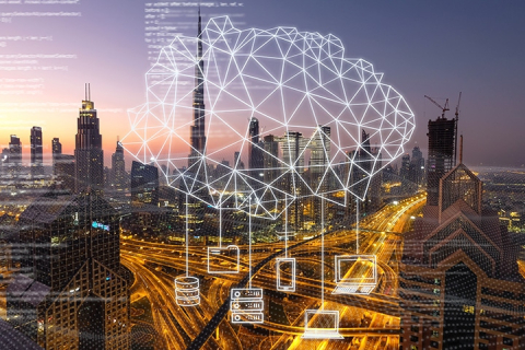 Connected cloud over cityscape with icons representing IT managed services