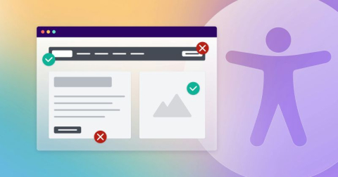 Universal access icon with screen showing document elements marked as correct and incorrect