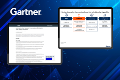 iPad displaying the Gartner report, "Automation Use Cases to Improve Loan Origination and Lending Processes"