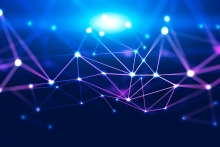 Abstract background with glowing purple and blue connection dots over dark blue. Concept of digital technology and blockchain. 3d rendering