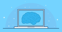 Blue brain on laptop screen with blue background