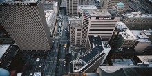 Birds-eye view of city skyline with U.S. Bank in the forefront