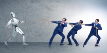 Three businessmen in suits playing tug-a-war with a robot