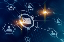 mail icon connected to icons of people in a dark background