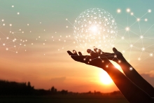 Man hands holding global network and data customer connection on nature background.