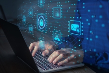 Cyber security IT engineer working on protecting network. Secure access for online privacy and personal data protection. Hands typing on keyboard