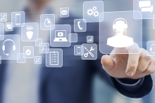 Technical support concept, business person touching helpdesk icon on screen, customer