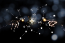 two hand pointing to virtual artificial intelligence with cloud technology transformation and internet of things