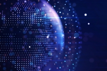 Illustration abstraite de la carte du monde graphique sur fond bleu, données volumineuses et concept de mise en réseau.