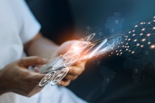 Un portable avec des icones connectes et des lumieres digitales