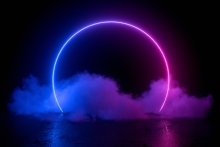 Neon blue nad pink circle with clouds