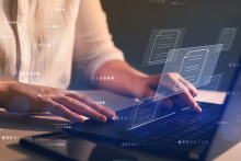 person using laptop with AP automation - double exposure rendering