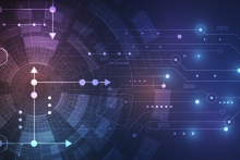 abstract background with digital arrows and gear showing forward motion