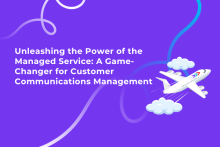 Airplane taking off against purple background with colorful jet streams 